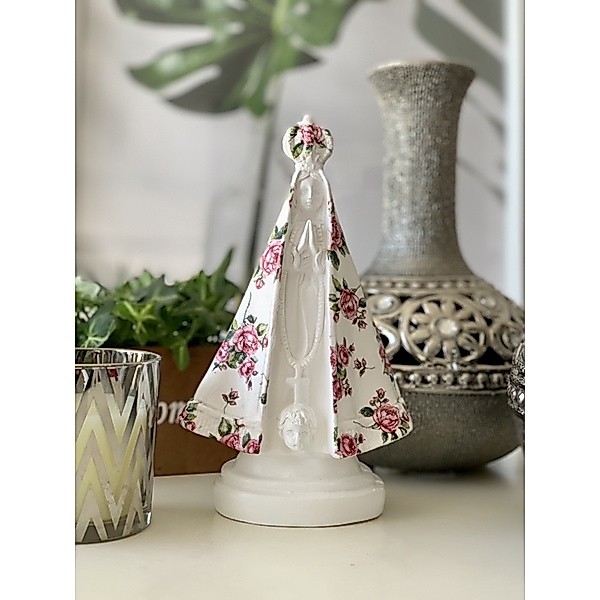 Nossa senhora aparecida 20 cm manto mini flores gesso
