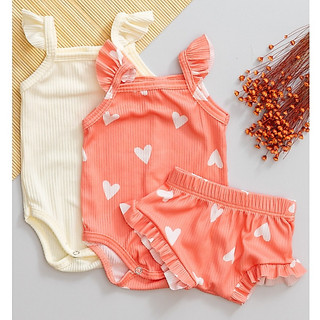 Kit 3 Peças Bebê Verão Body e Tapa Fralda Infantil Babado Menina Estampa de Coração Rosa