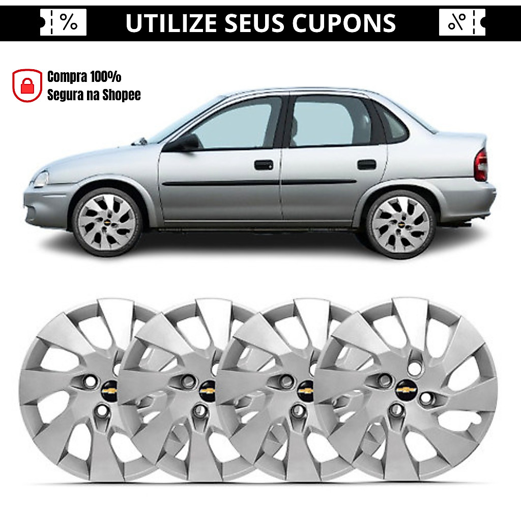 Kit 4 Calota Aro 13 Corsa Classic 2008 2009 2010 2011 2012 Emblema Calotinha