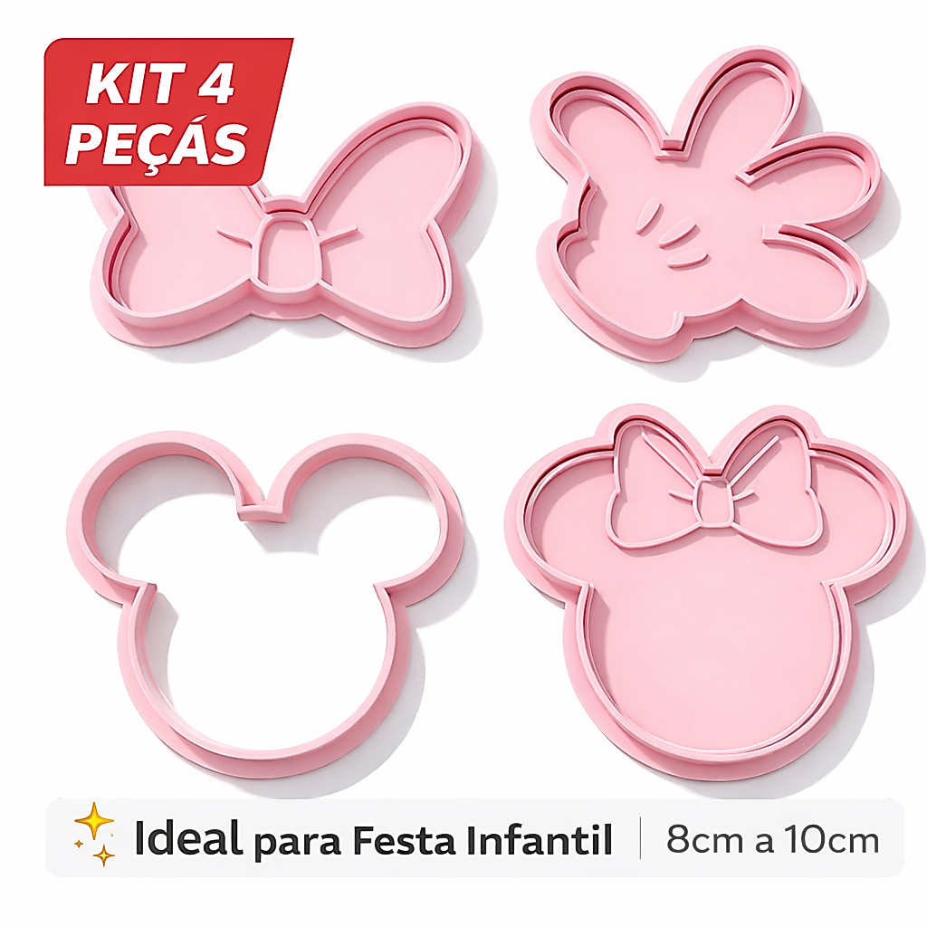 Kit Cortador Minnie e Mickey 4 Peças | Molde para Biscoito, Pasta Americana e Fondant | Festa Infantil