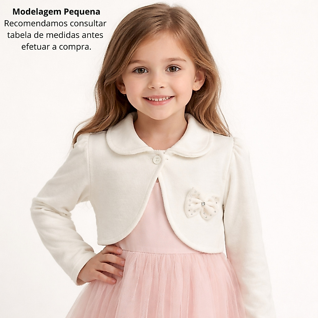Bolero Infantil Casaco Casaquinho de Plush Inverno Off White Bege Menina Festa Casamento