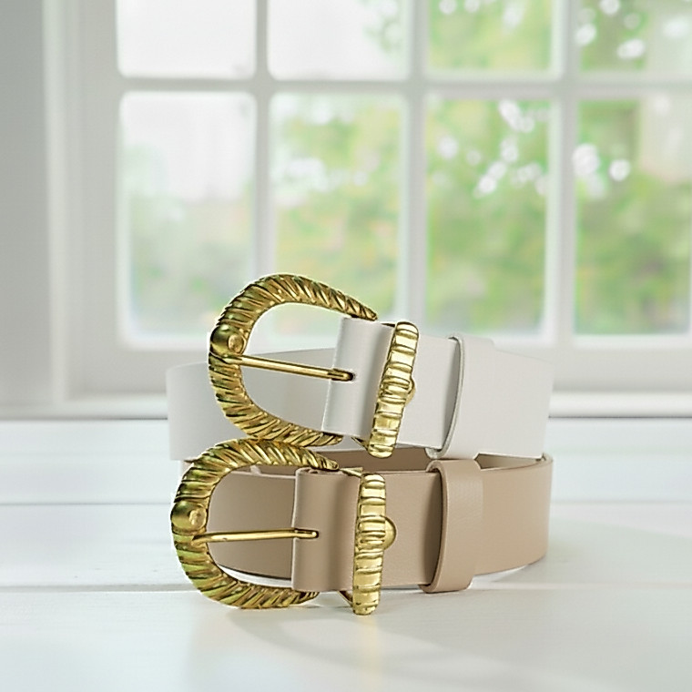 Kit 2 Cintos Femininos Largo Couro Sintético com Fivela e Passador Dourado, Moda Elegante - LUIZA