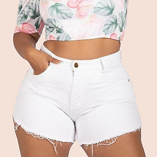 Short Jeans Branco Plus Size Cintura Alta Barra Desfiada