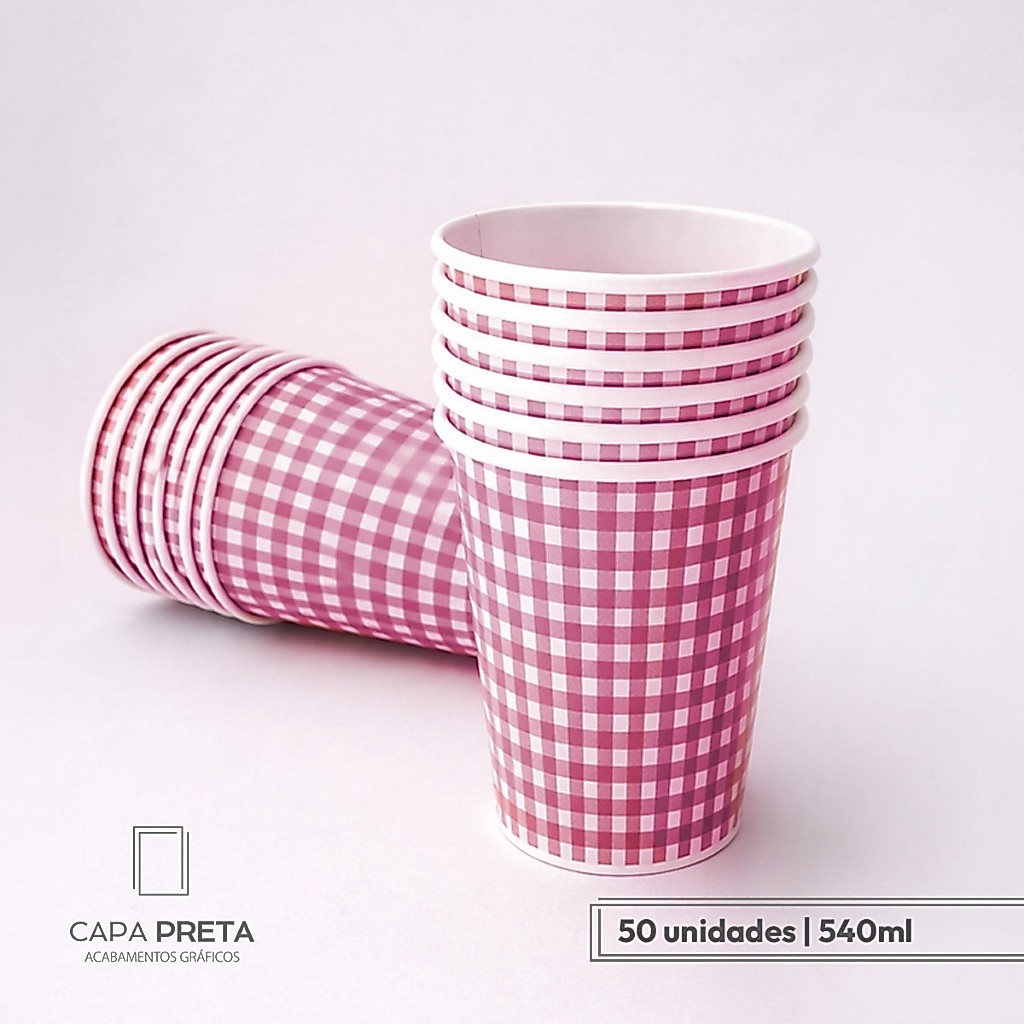 Copo Descartável 540ml de Papel Xadrez Várias Cores 50 Unidades Suporta Comidas e Bebidas Quentes