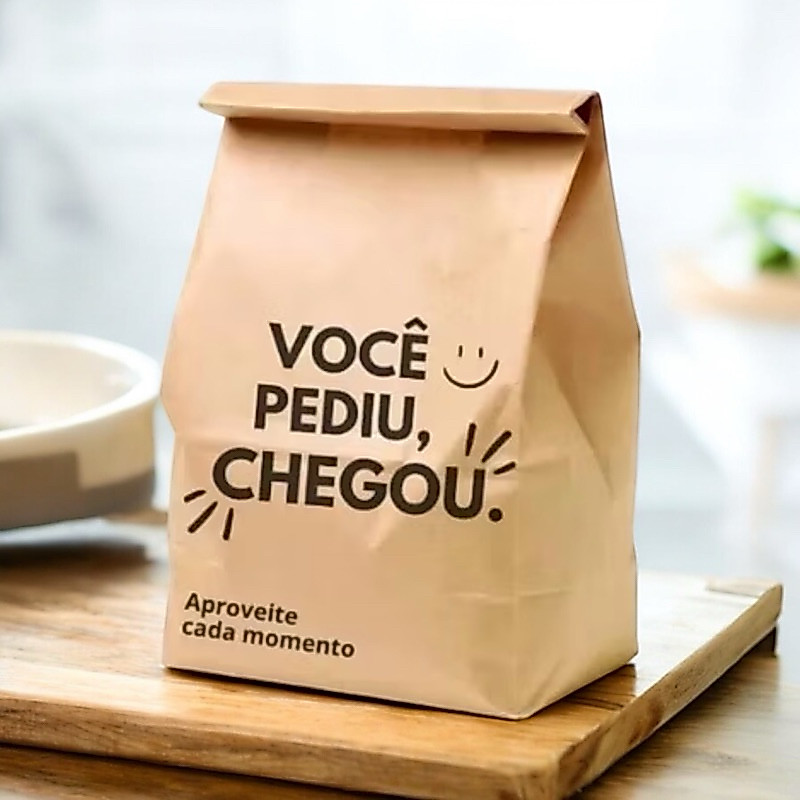 50~200 SACO DELIVERY KRAFT "VOCÊ PEDIU, CHEGOU" – TAMANHO PP/P/M/G/GG – REFORÇAD