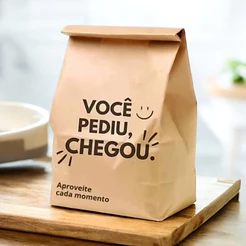 50~200 SACO DELIVERY KRAFT "VOCÊ PEDIU, CHEGOU" – TAMANHO PP/P/M/G/GG – REFORÇADO VINCO OFF(CHOCO)