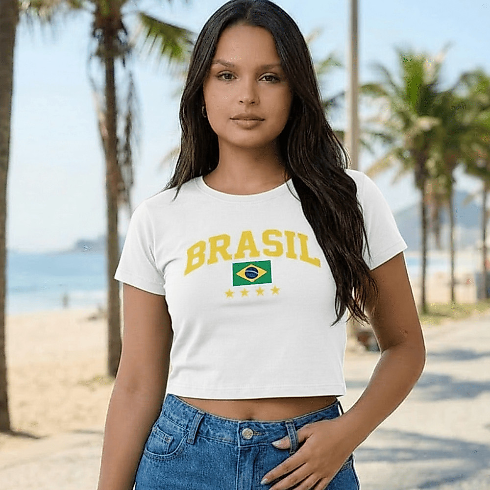 Cropped Manga Feminino Blusa Brasil Copa do Mundo Rio de Janeiro Verão Praia 2026