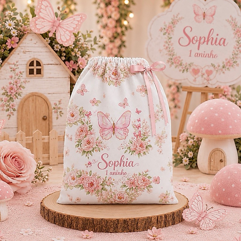 Saquinhos Lembrancinha Aniversário Surpresa 13x19cm personalizado com o nome e idade da criança Jardim Encantado