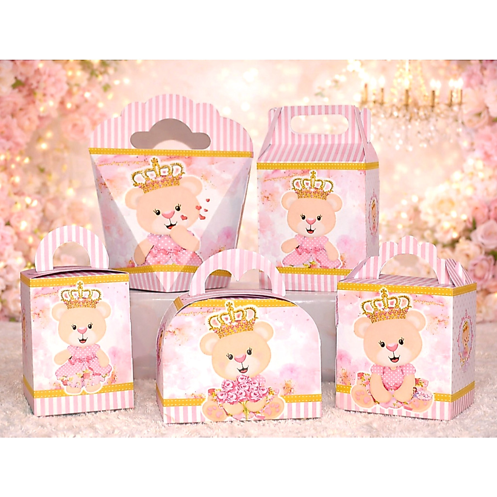Kit 20 a 50 Caixinha URSINHA PRINCESA ROSA CHÁ DE BEBÊ ANIVERSÁRIO Lembrancinha Pegue E Monte Não é Personalizado