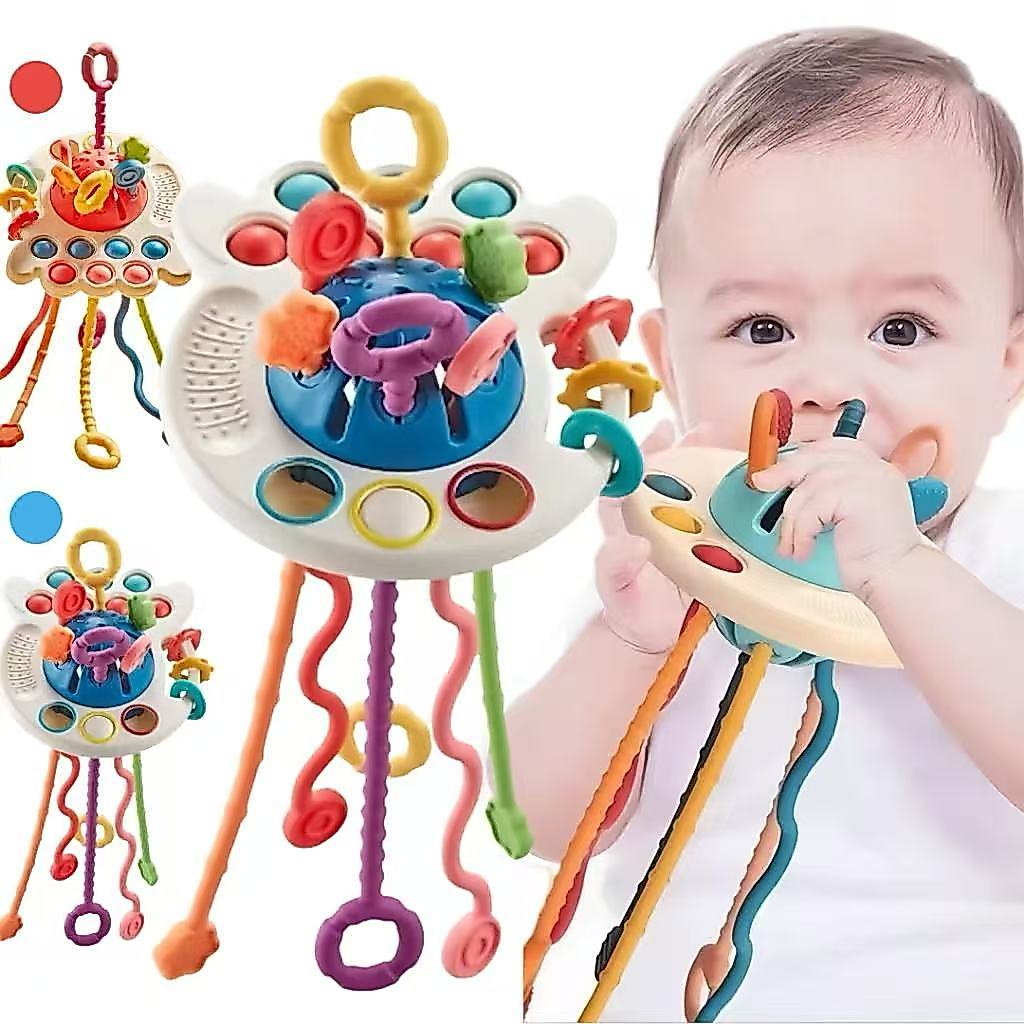 Brinquedo Montessori Tátil para Bebês de Polvo Puxável Interativo Sonoro Mastigável Desenvolvimento Sensorial