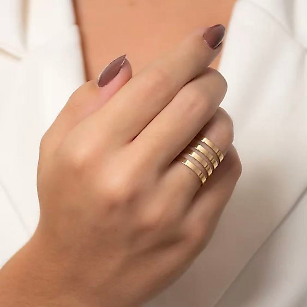 Anel Feminino Ajustável Múltiplas Faixas Linhas Geométricas banhado Ouro 18K e Prata925 — imagem 2 de 2