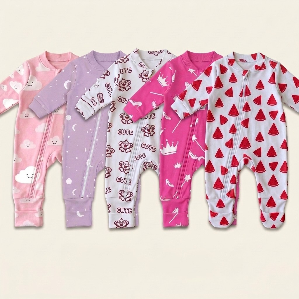 Kit 5 Peças Macacão Feminino Pé Reversível 100% Algodão Confortável Menina