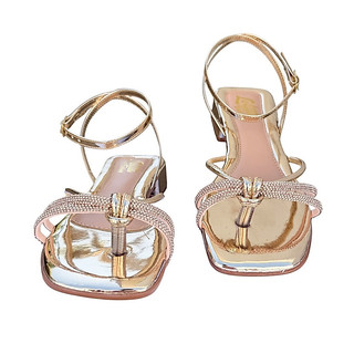Sandália Feminina Salto Baixo Bloco Grosso Chinelo Nó Strass Brilho Confortável Lolitta Fashion