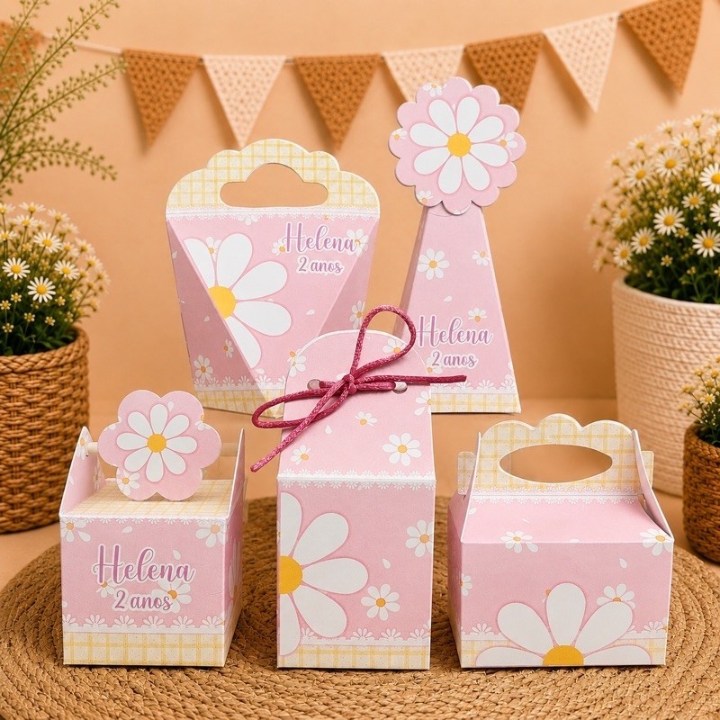Kit Caixinhas Personalizada MARGARIDAS ROSA Lembrancinhas Para Festa Personalizados