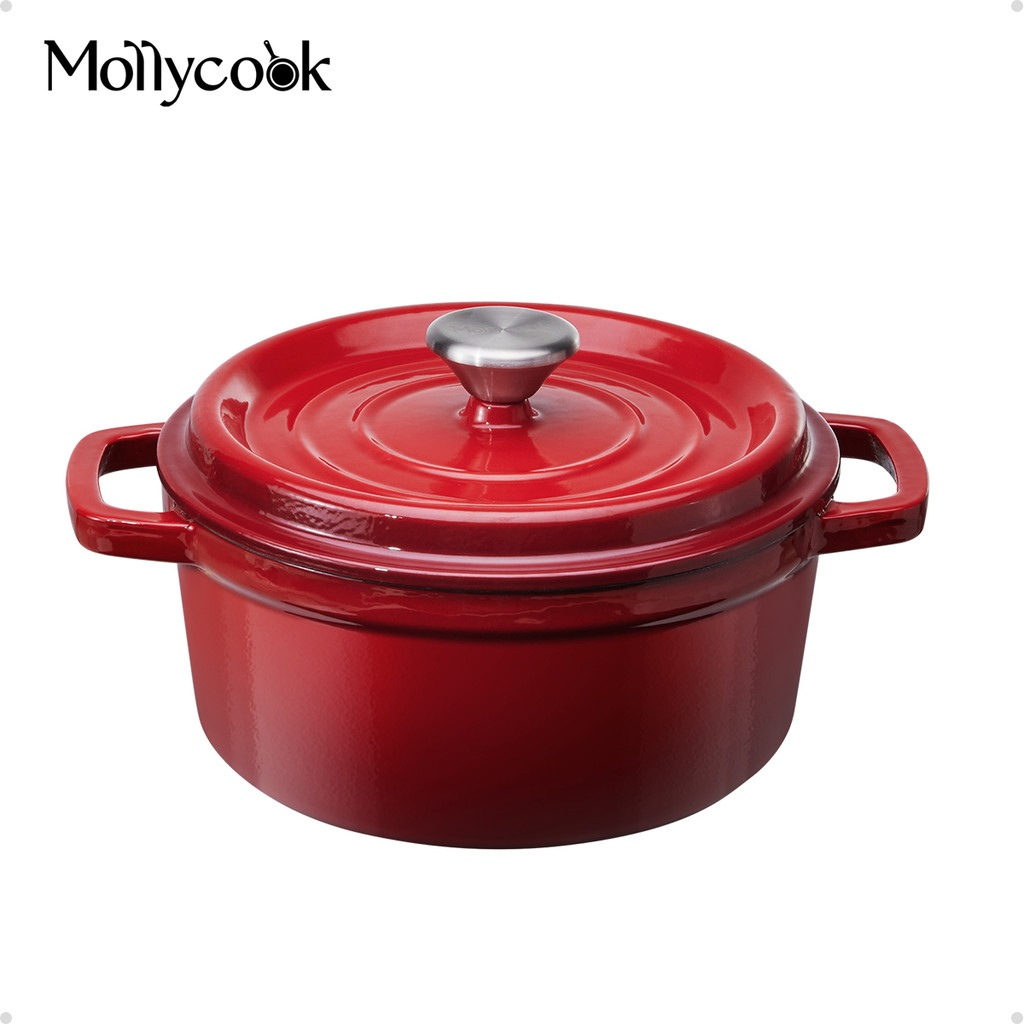 Mollycook Panela Caçarola de Ferro Esmaltado Antiaderente  22/24cm Luna Panela Caçarola Fogão a Gás e Indução Vermelho