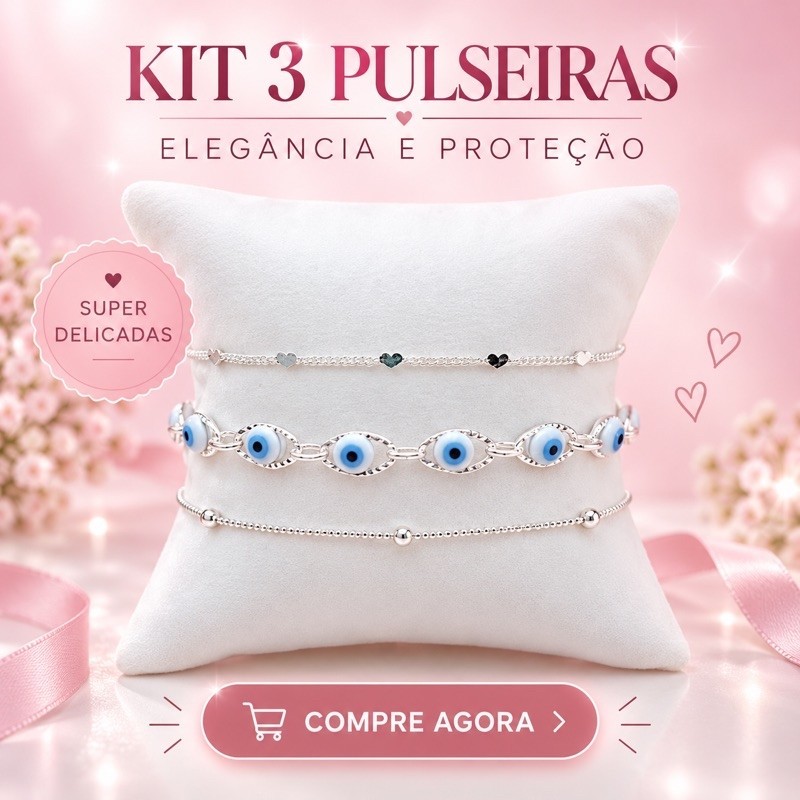 Kit 3 Pulseiras Femininas Prateadas Olho Grego Corações e Bolinhas Semijoia Banho Prata 925 – Trio Proteção e Elegância