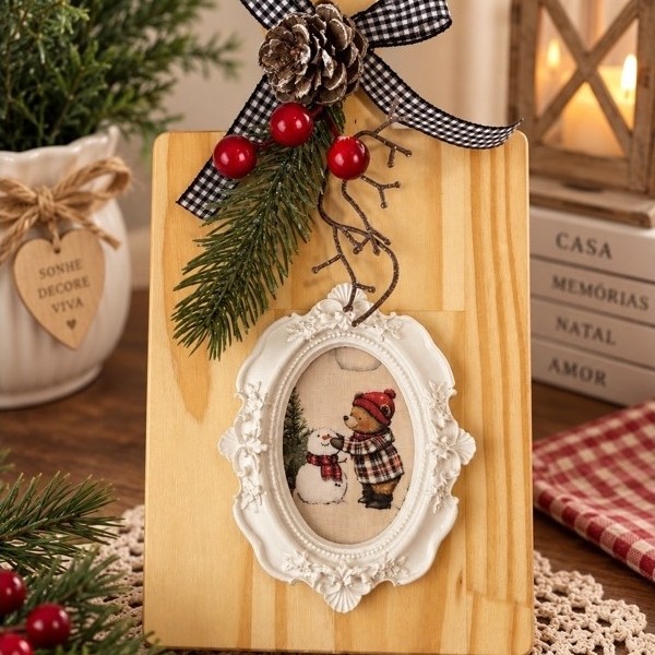 Placa Decorativa de Natal Farmhouse com Moldura e Laço Xadrez