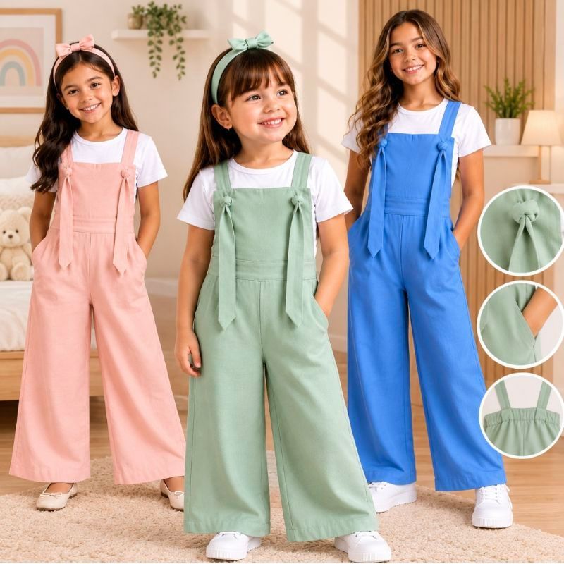 Macacão Infantil Juvenil Menina Alfaiataria Pantalona com Alças e Laço Look Festa Tamanho 4 ao 14