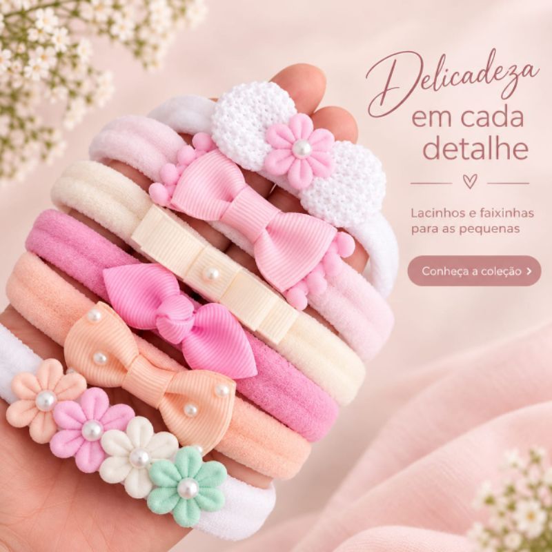 Kit 6 Laços Bebê Luxo Primeiros Lacinhos Maternidade Faixinha Meia de Seda RN Pérolas Flores Enxoval