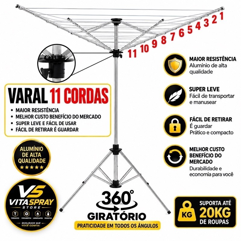 Varal de Chão Alumínio 11 Cordas Dobrável 4 Pés Ajustável Reforçado Grande 185x130cm