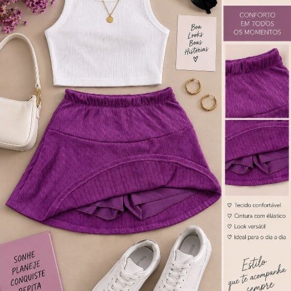 Shorts Saia Feminino Roxo K&K Fashion Tamanho G Cintura com Elástico Confortável com Elastano (Brechó)