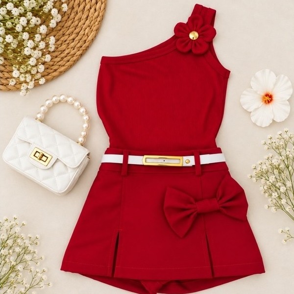 Conjunto Infantil  Menina Estilosa Blogueirinha Short Saia Laço Blusa Canelada Flor Delicada Festas Passeios