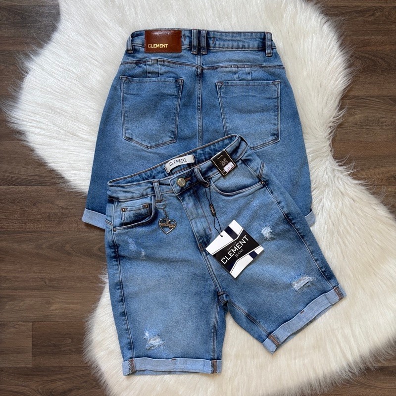 Shorts Jeans Feminino Bermuda Meia Coxa Cintura Alta Modela Bumbum Barra Dobrada Jeans Grosso