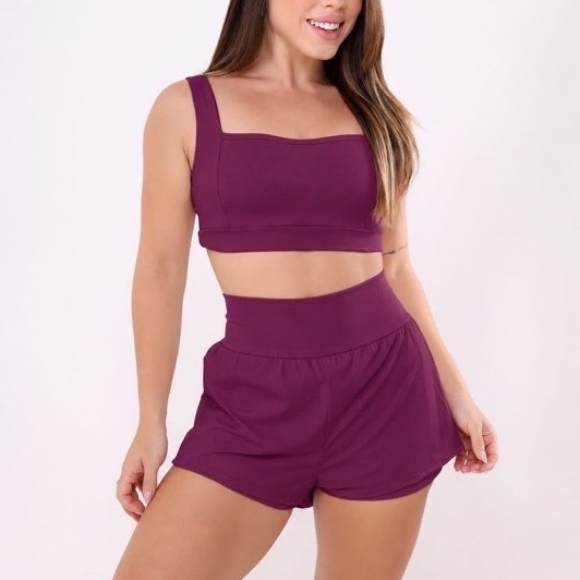 Conjunto Fitness Feminino Top + Short Duplo Suplex Premium Zero Transparência – Cintura Alta e Modelador, academia,