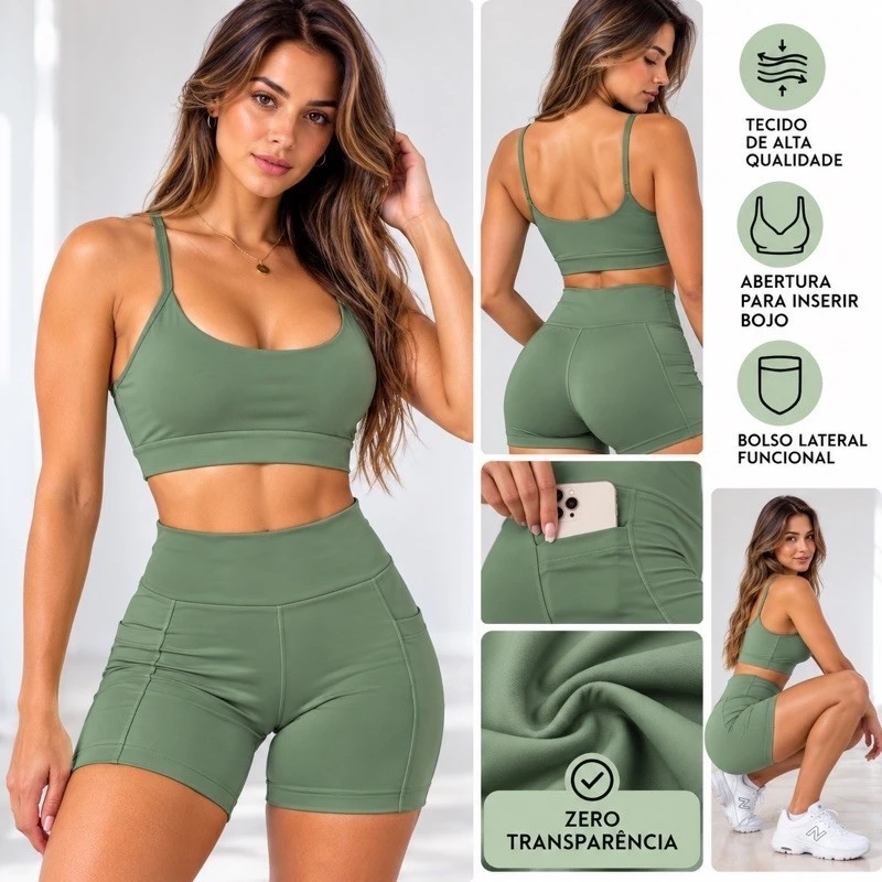 Conjunto Feminino De Academia Com Top De Sustentação E Short Cintura Alta Em Poliamida Com Compressão Conjuntinho Verão — imagem 1