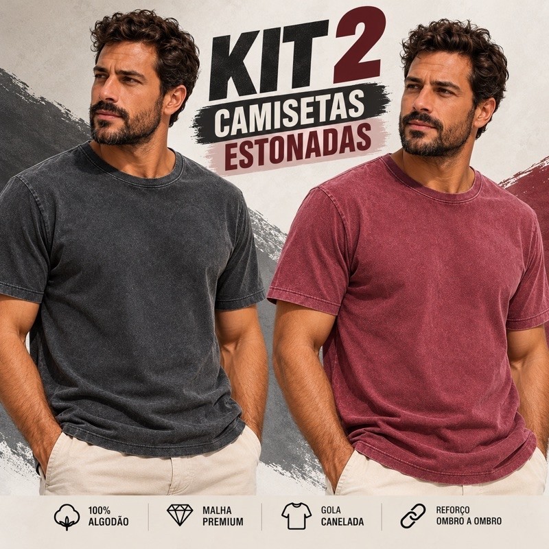 Kit 2 Camisetas Premium Estonadas 100% Algodão P ao GG