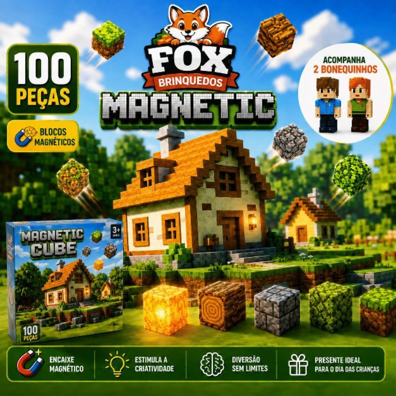 Kit Blocos Magnéticos 100 Peças com 2 Bonequinhos Brinquedo de Montar Construção Infantil
