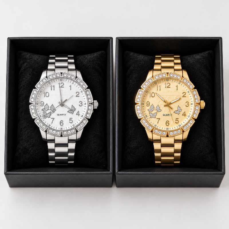 Relógio Feminino Dourado Prata com Pedras Borboletas Pulseira Metálica Analógico Luxo Elegante com Caixa para Presente