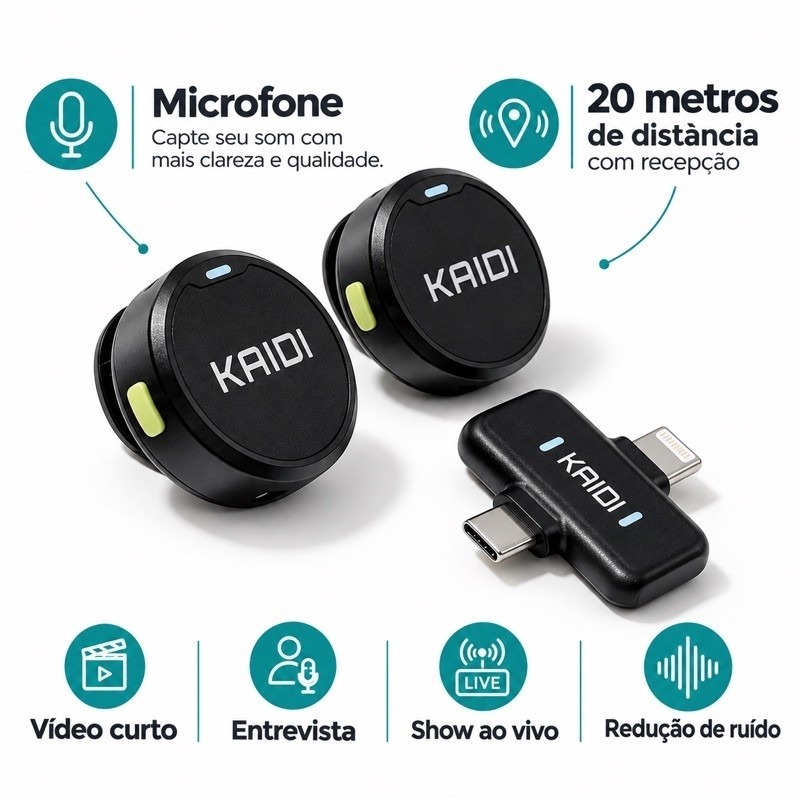 Microfone De Lapela Sem Fio Kaidi Duplo Profissional Com Imã Anti Ruído E Dois Tipos de Conexão