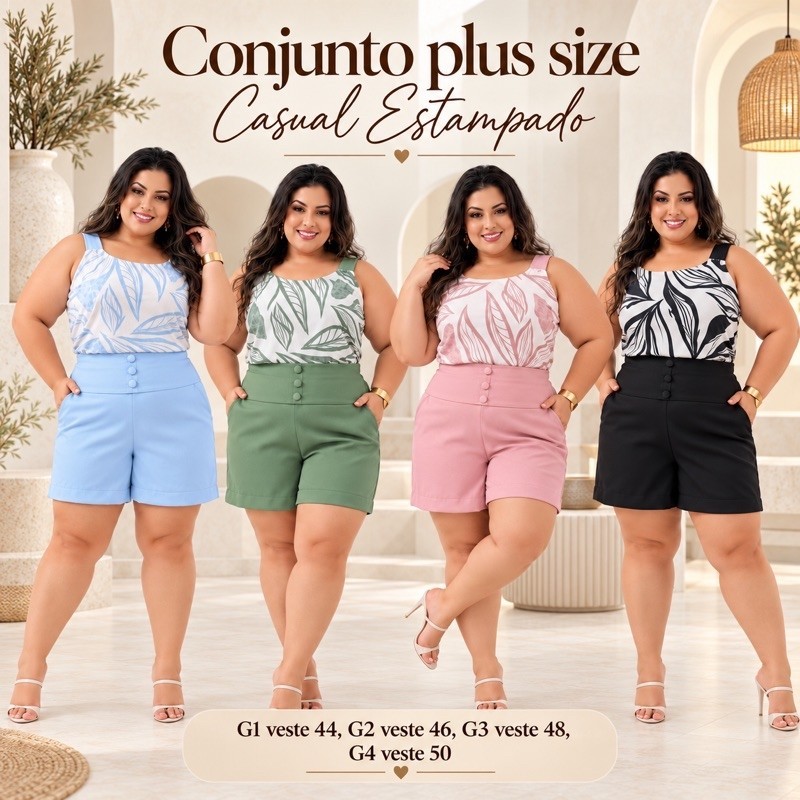 Conjunto Plus Size Feminino Alfaiataria Estampado e Liso Short e Blusa 44 46 48 50