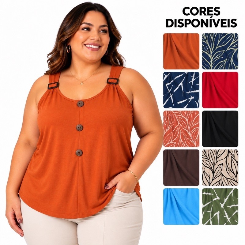 Blusa Feminina Plus Size Regata Malha Estampada Alça Com Fivela Decorativa E Botões Veste do 46 ao 50