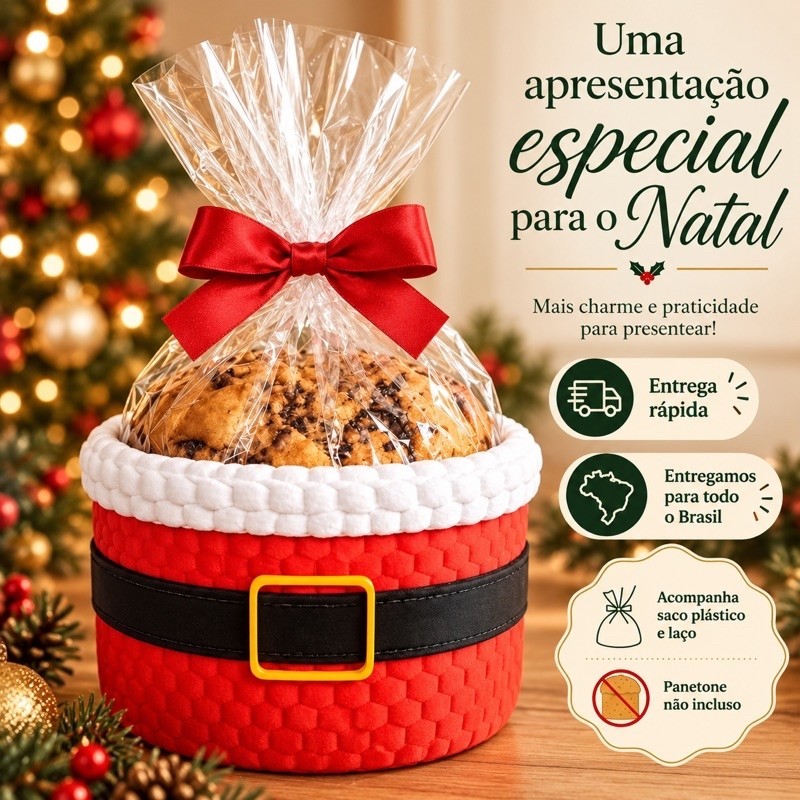 Cesto Porta Panetone Natal Papai Noel com Laço de Cetim Reutilizável para Presente