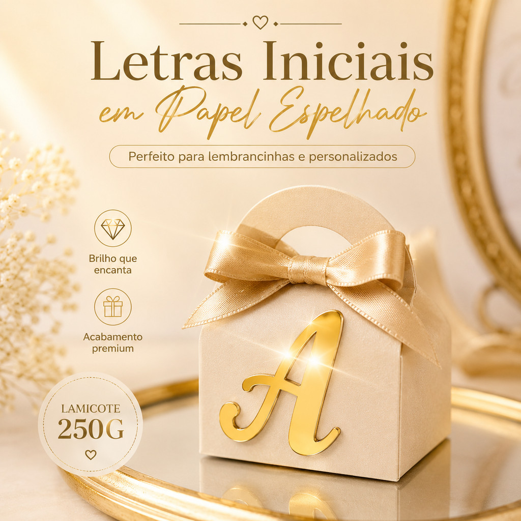 KIT APLIQUES LETRA INICIAL DOURADA EM PAPEL ESPELHADO LAMICOTE 250G | DECORAÇÃO LEMBRANCINHA