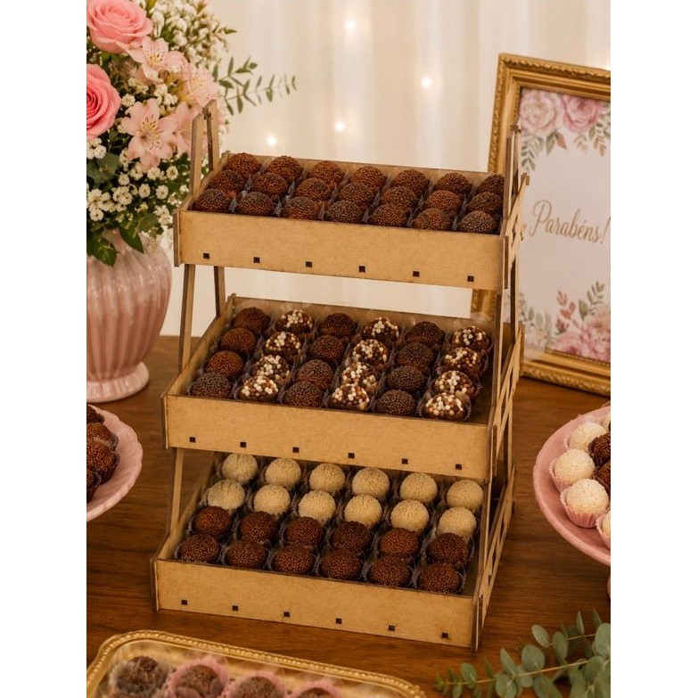 Suporte Escadinha Para Doces 3 Andares Em MDF Bandeja Modelo Liso Decorativa Festas E Mesa De Doces