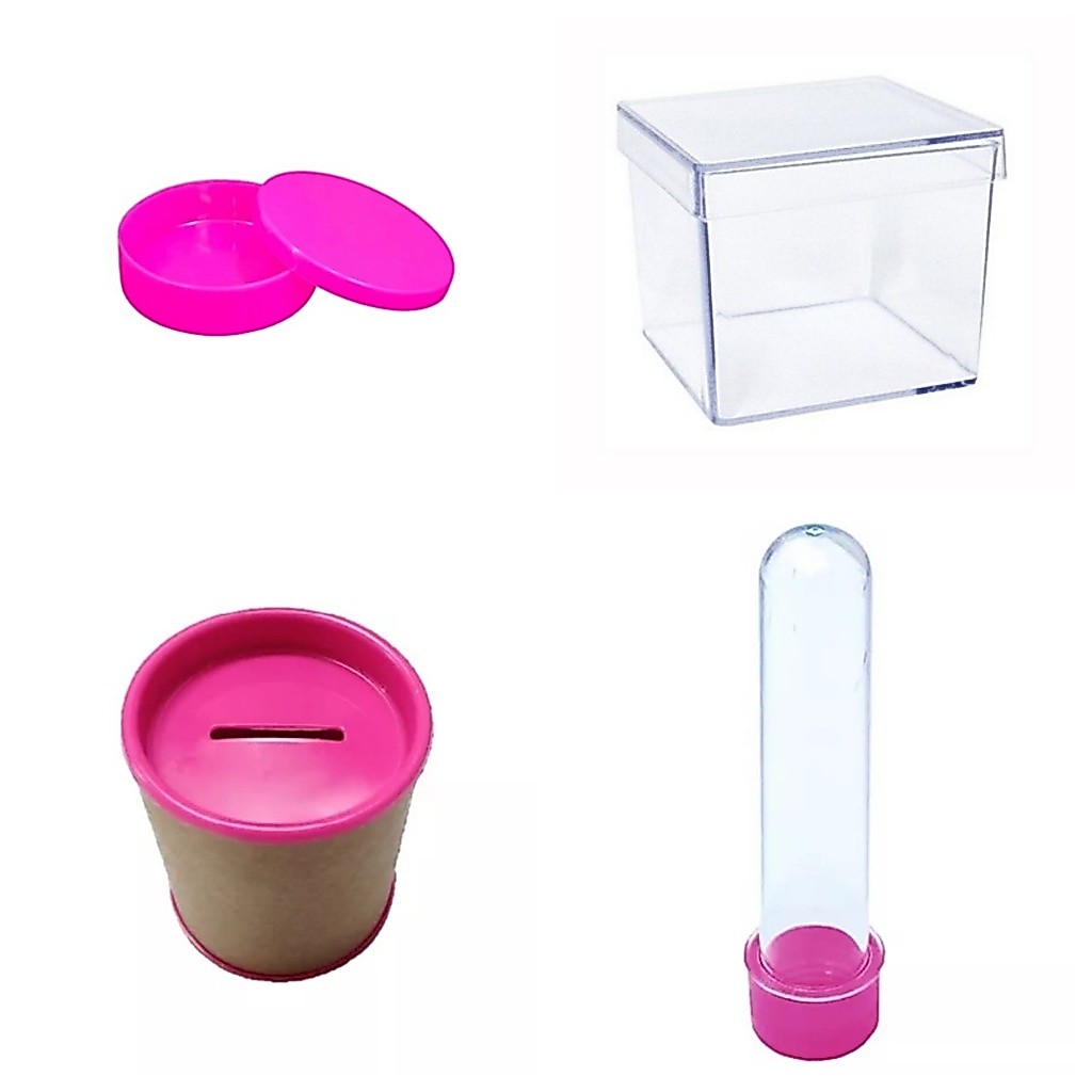 Kit 5 Cofres 5 Latinhas 5 Tubete 13cm e 5 Caixinhas acrilicas 5x5-Lembrancinhas de festa aniversario