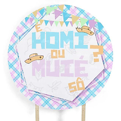 Painel Festa Infantil Redondo Capa de Chá Revelação, Homi ou Muié, tema festa junina + Arco, Suporte incluso. Fazemos personalizado com qualquer tema. Confeccionado em Lona fosca, impressão de alta resolução. cenário Circular p/ Decoração
