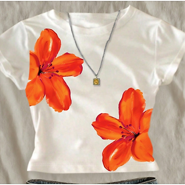 Baby Tee Feminina Algodão Estampa Flores Laranja Verão Blogueira Justo Praia