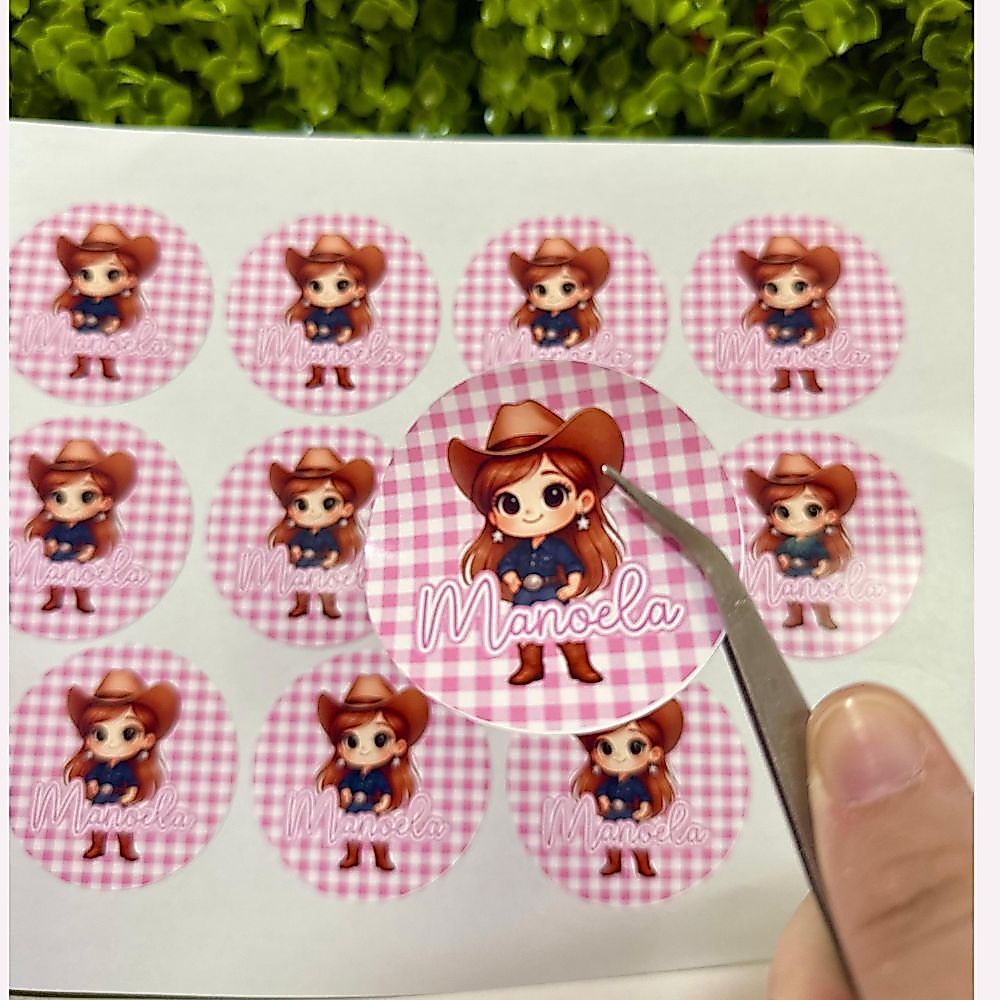 Adesivos 5 cm Redondo com Nome e Idade - Boiadeira - Lembrancinha Personalizada para Aniversário Boaideira,Qualquer tema