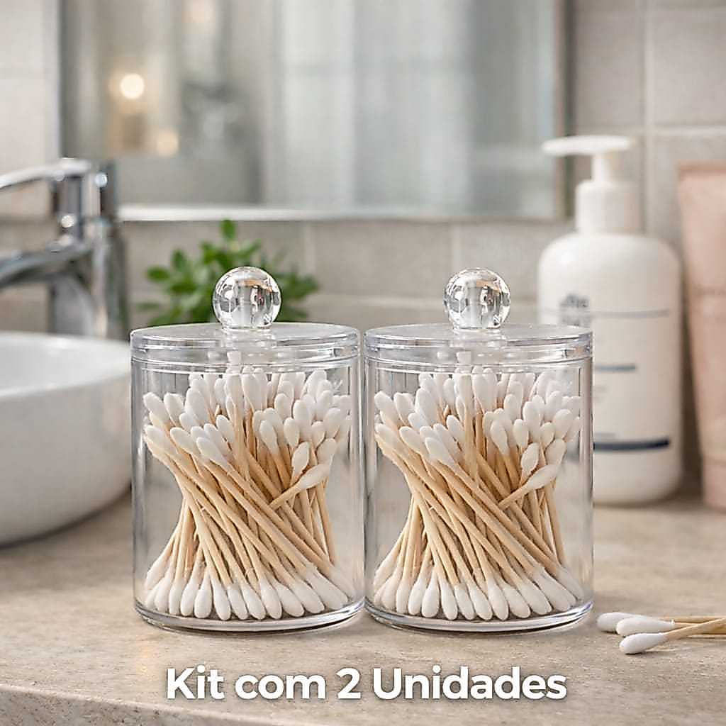 Kit Com 2 Porta Cotonetes Algodão De Acrilico Com Tampa Moderno Organizador Decorativo Pia Banheiro Lavabo Balcao