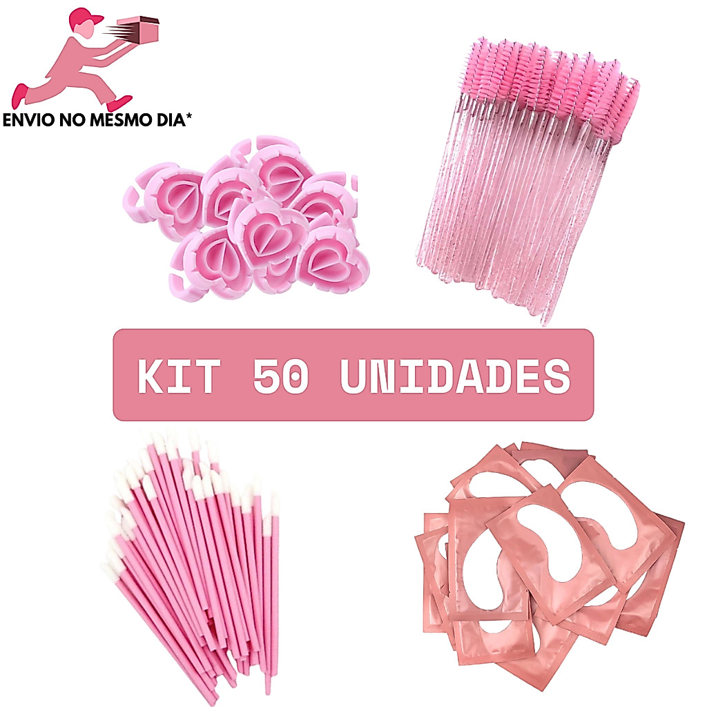 Kit 50 Escovinhas + 50 Aplicador de Batom + 50 Pad Gel + 50 Batoque Coração Alongamento Cilios