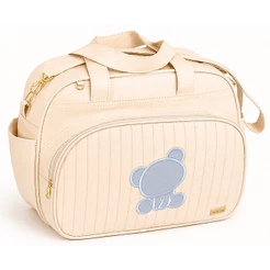 Bolsa Maternidade Grande Bege c/ Urso Bordado Azul Bebê