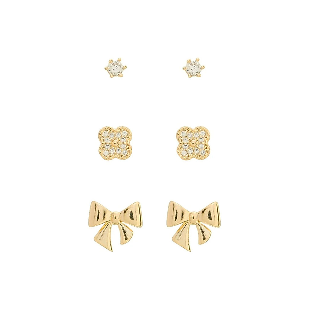 TRIO DE BRINCOS JUDE LACINHO PONTO DE LUZ ZIRCÔNIAS FOLHEADO A OURO 18K