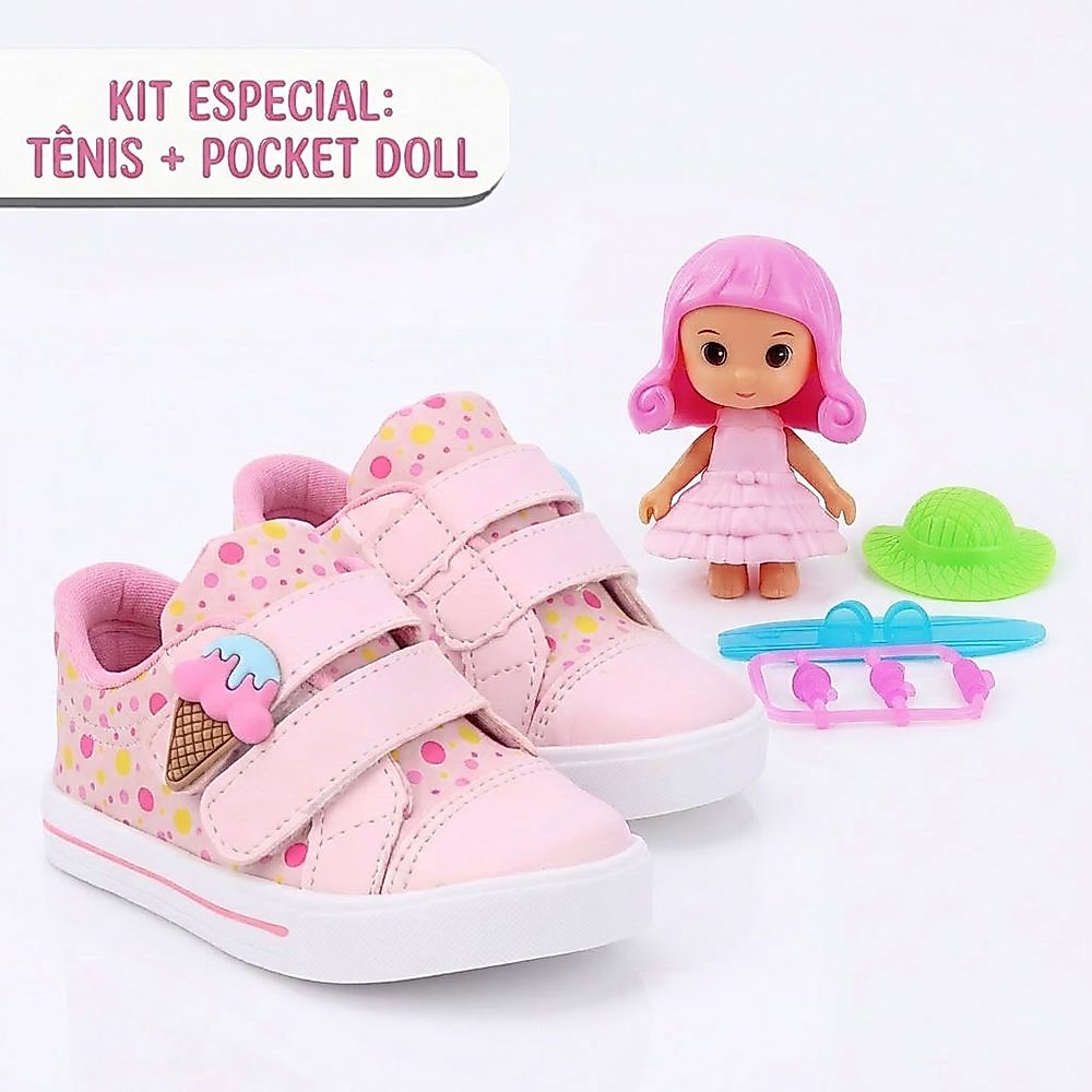 Kit Tênis Infantil Menina Bee Happy Sorvetinho Candy Color + Boneca Pocket Doll