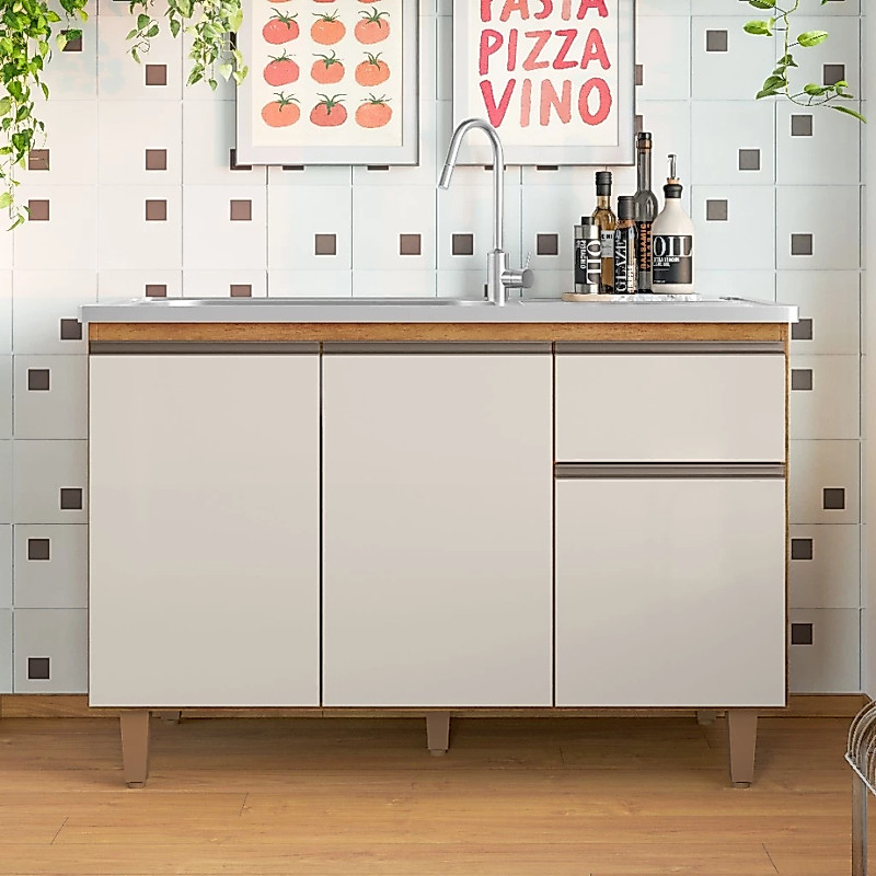 Balcão Para Cozinha Lavanderia Canadá 120 Cm com 3 Portas 1 Gaveta MDF/MDP Resistente Pés PVC Não Acompanha Pia - AV