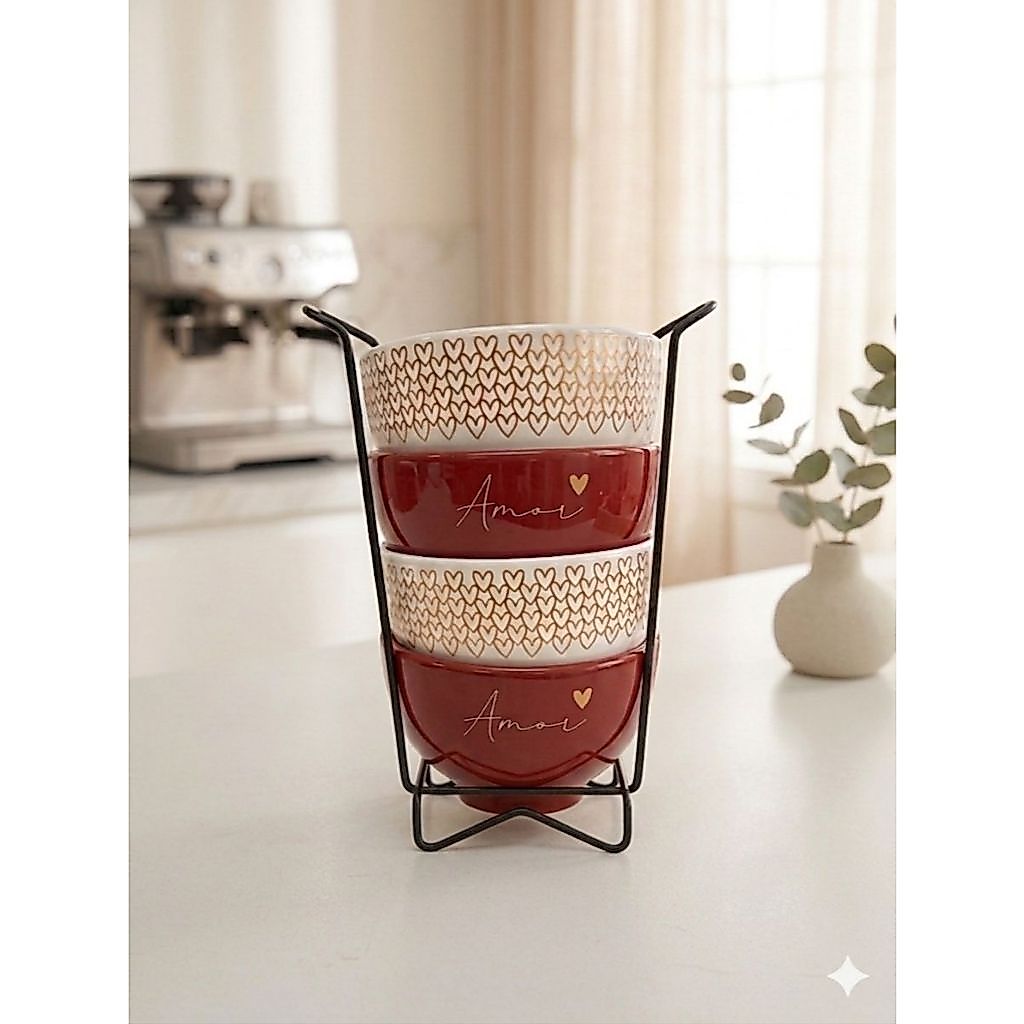 Kit Jogo 4  Bowl Tigelas Porcelana Cumbuca Sopa Açaí 350ml Decorada Amor Coração + Suporte