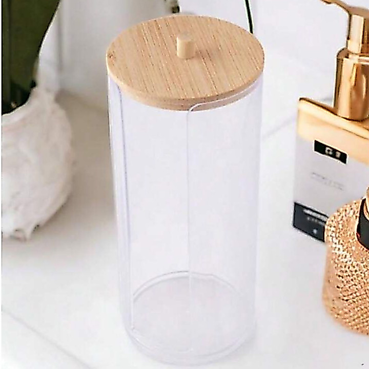 OFERTA Porta Algodão Acrílico Disco Redondo Organizador Limpeza De Pele Ou Bambu Utensilio Para Banheiro Penteadeira